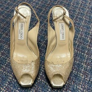 Preloved Jimmy Choo Gold Glitter Peep Toe Size 39 1/2